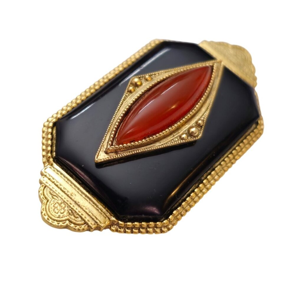1928 Brand Art Deco Style Oval Cornelian Glass Bar Brooch Black Lucite Pin C867 - Picture 4 of 9